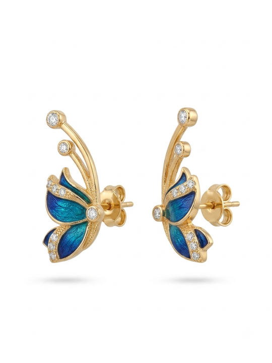 Sterling Silver 925 Enamel Butterfly CZ Diamond Stud Earrings