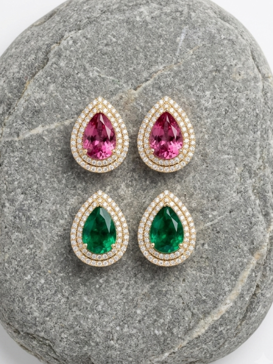 Pear-Cut Gemstone Double Halo Stud Earrings