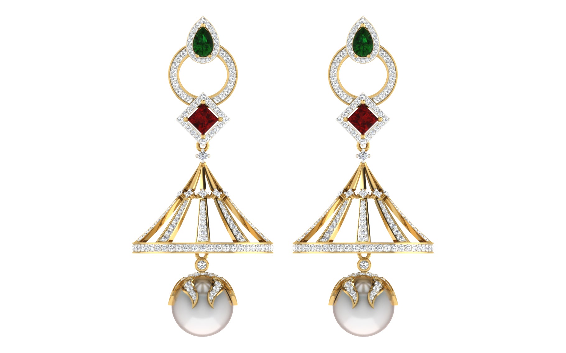 Nidal Jewels | Regal Trio Gold Jhumki with Emeral Ruby and Pearl - Nidal Jewels