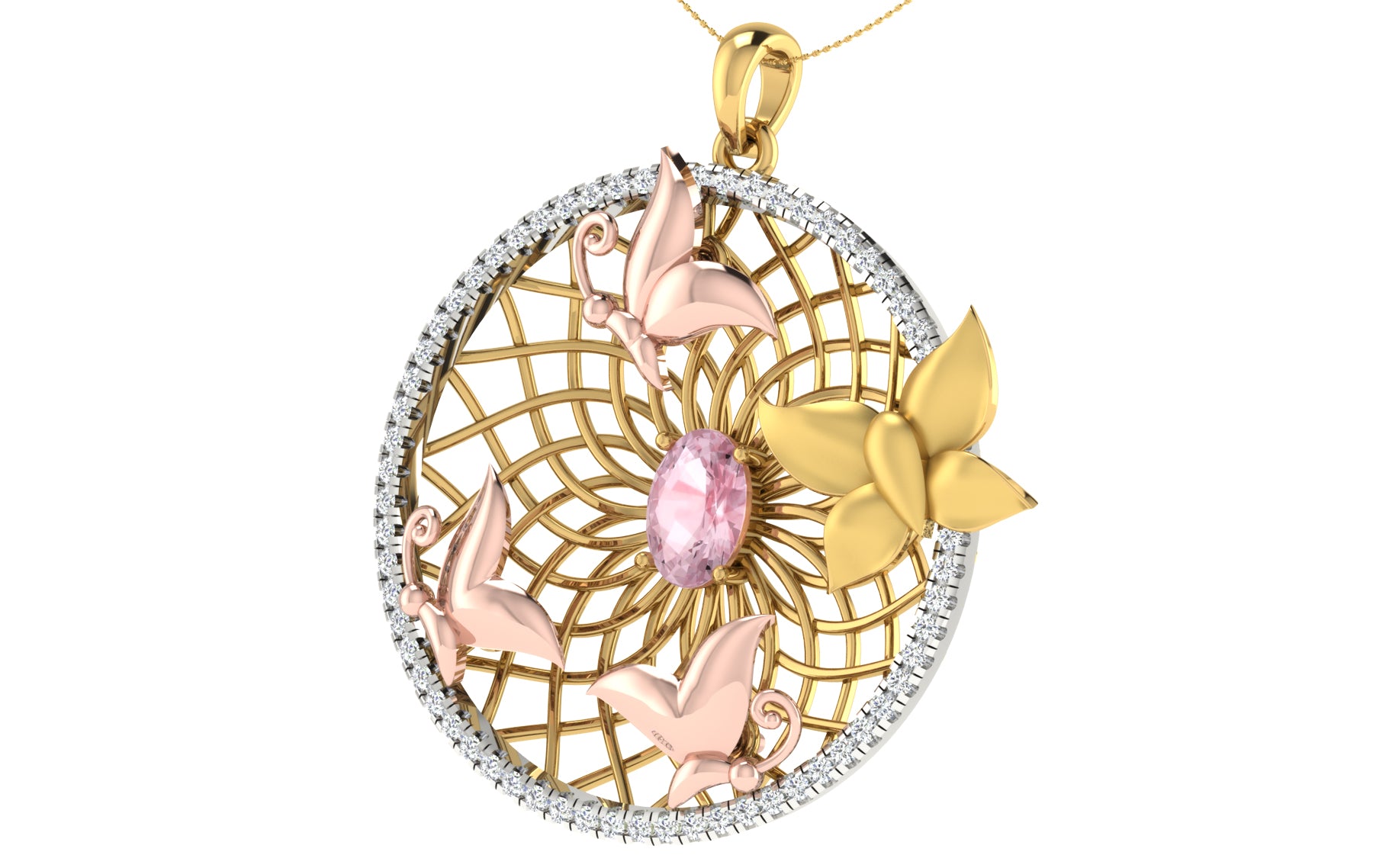 Nidal Jewels | Cage of Love Blush Pink Centre stone Gold and Diamond Pendant Set