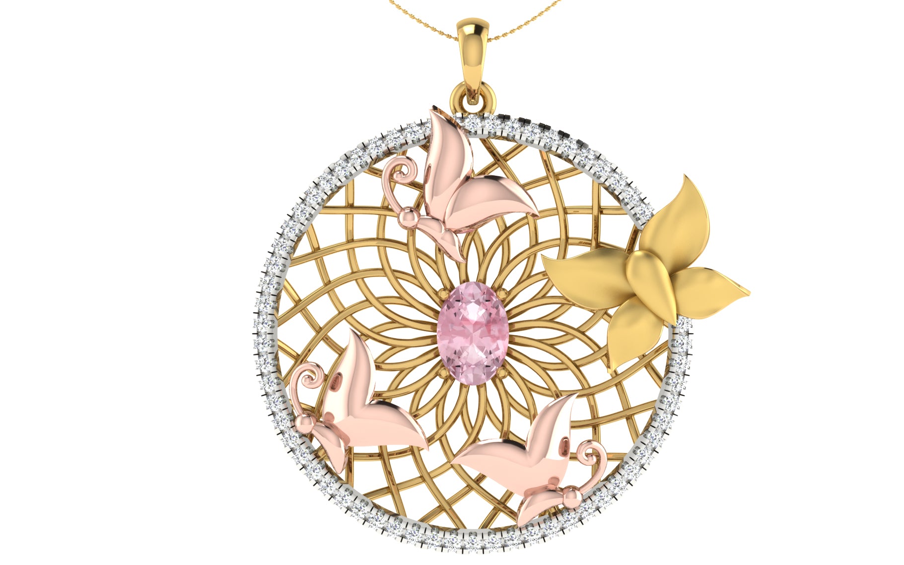 Nidal Jewels | Cage of Love Blush Pink Centre stone Gold and Diamond Pendant Set