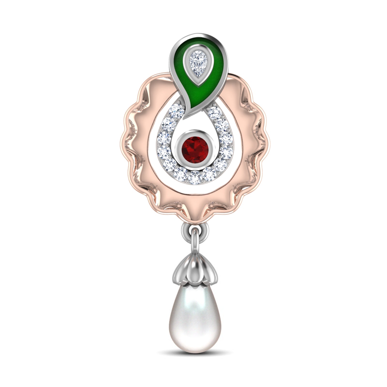 Nidal Jewels | Regalia Green Enamel Ruby Pearl Pendant Set