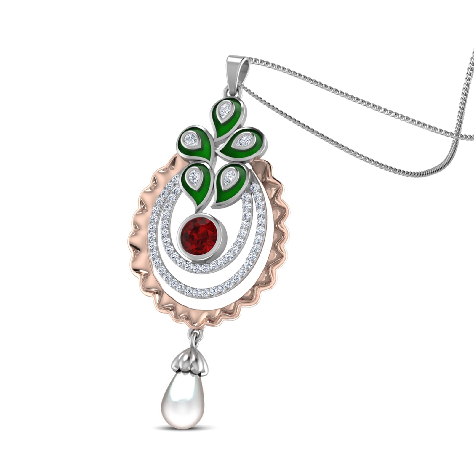 Nidal Jewels | Regalia Green Enamel Ruby Pearl Pendant Set