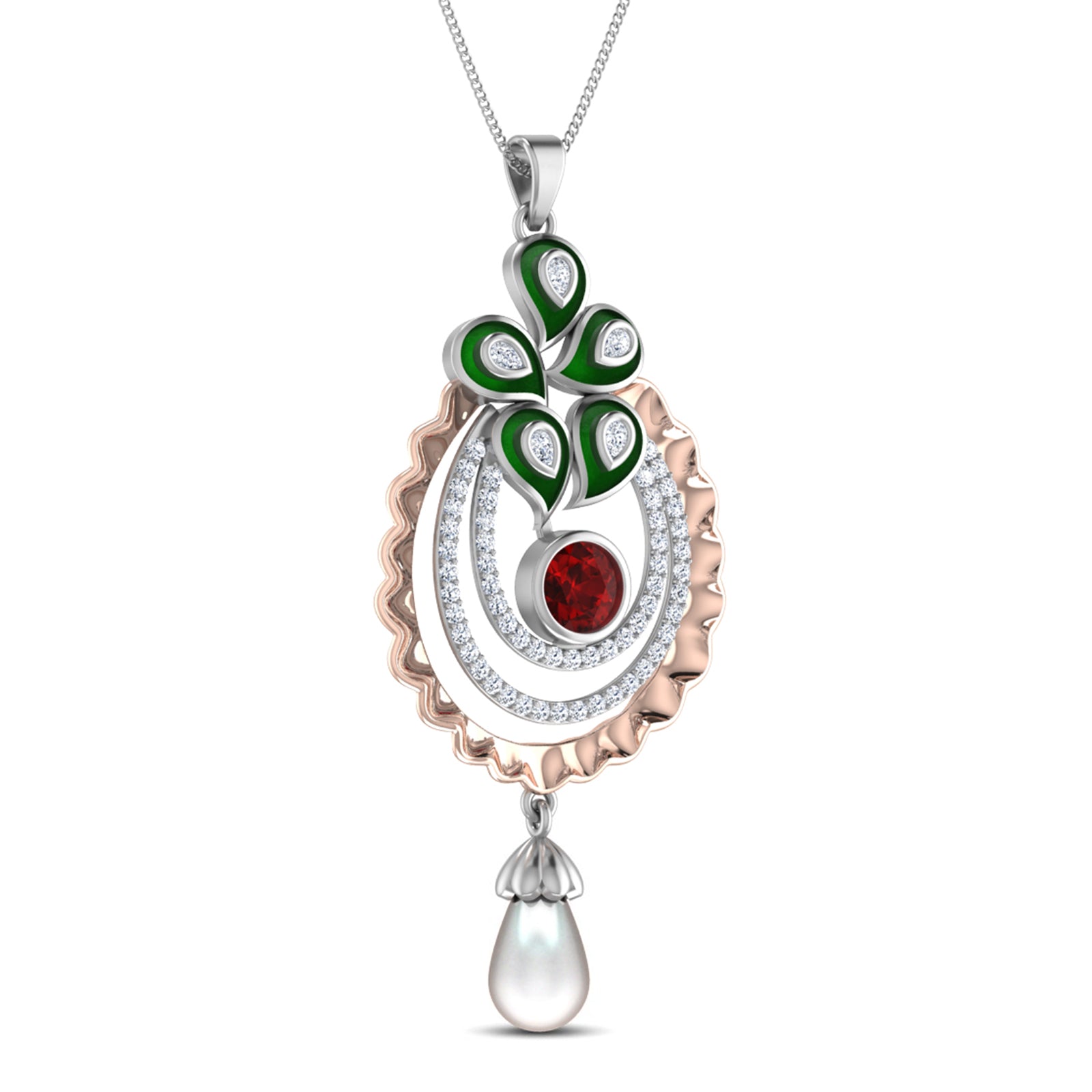 Nidal Jewels | Regalia Green Enamel Ruby Pearl Pendant Set