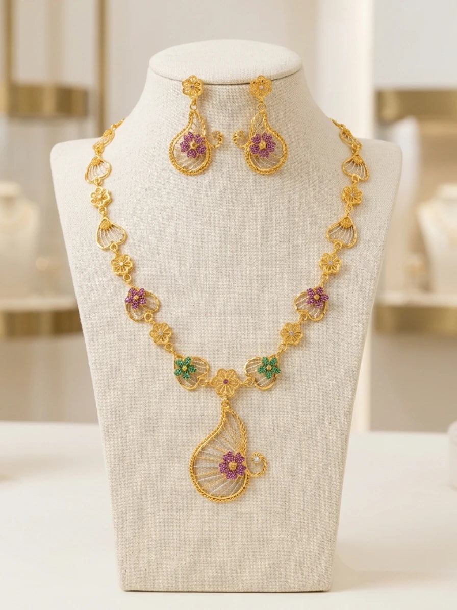Turkish Gold  Colourful Floral Teardrop Necklace & Earrings Set | Nidal Jewels
