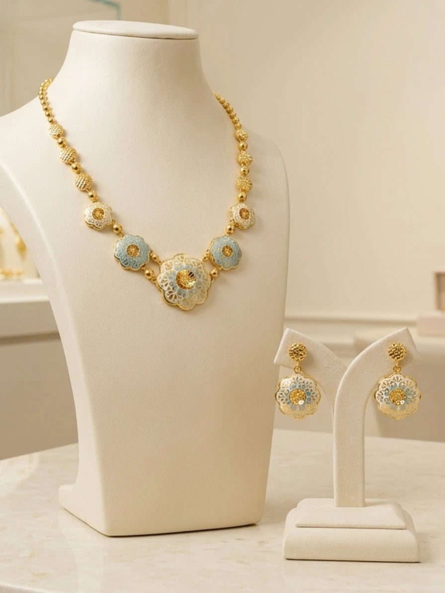 Turkish Gold Blue Floral Necklace & Earrings Set | Nidal Jewels