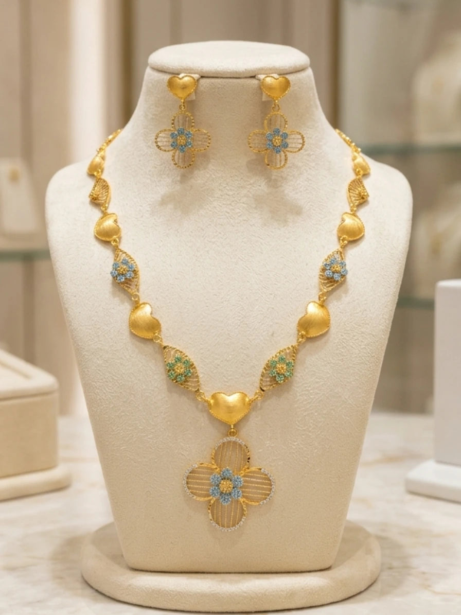 Turkish Gold Heart & Blue Floral Necklace Set | Nidal Jewels