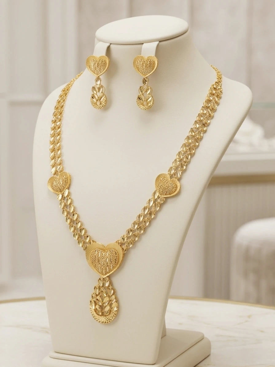 Turkish Gold Heart Necklace & Earrings Set | Nidal Jewels