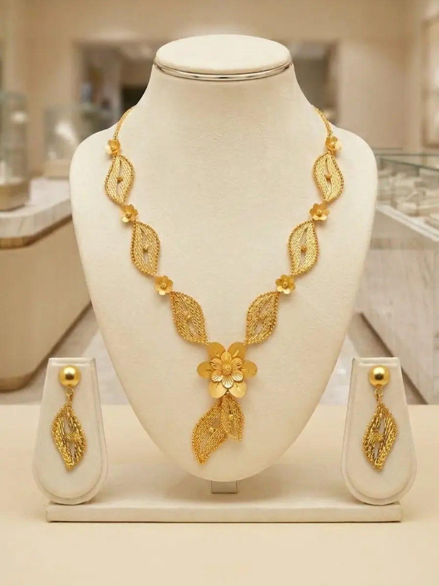 Turkish Gold Floral Leaf Necklace & Earrings Set | Nidal Jewels