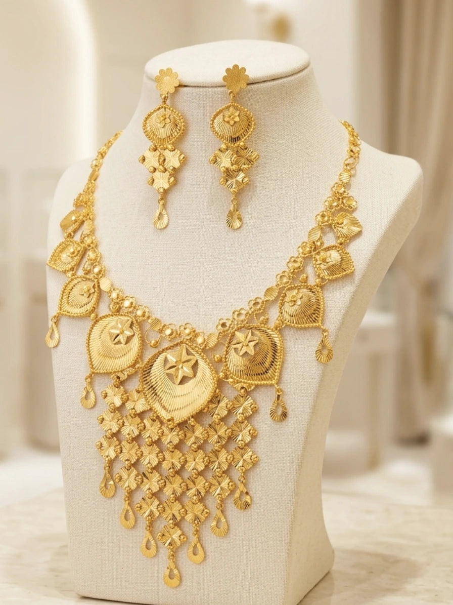 Turkish Gold Floral Statement Necklace & Earrings Set | Nidal Jewels
