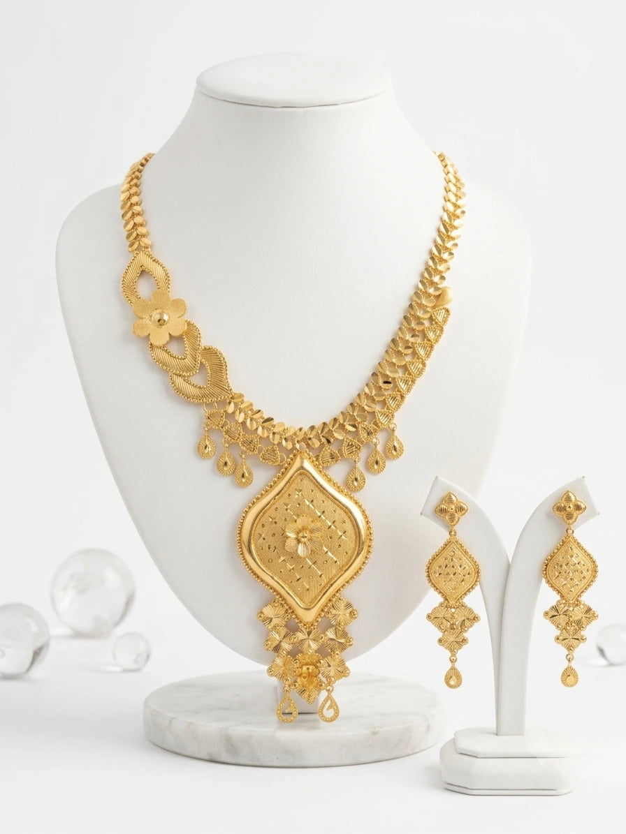 Turkish Gold Floral Teardrop Necklace & Earrings Set | Nidal Jewels