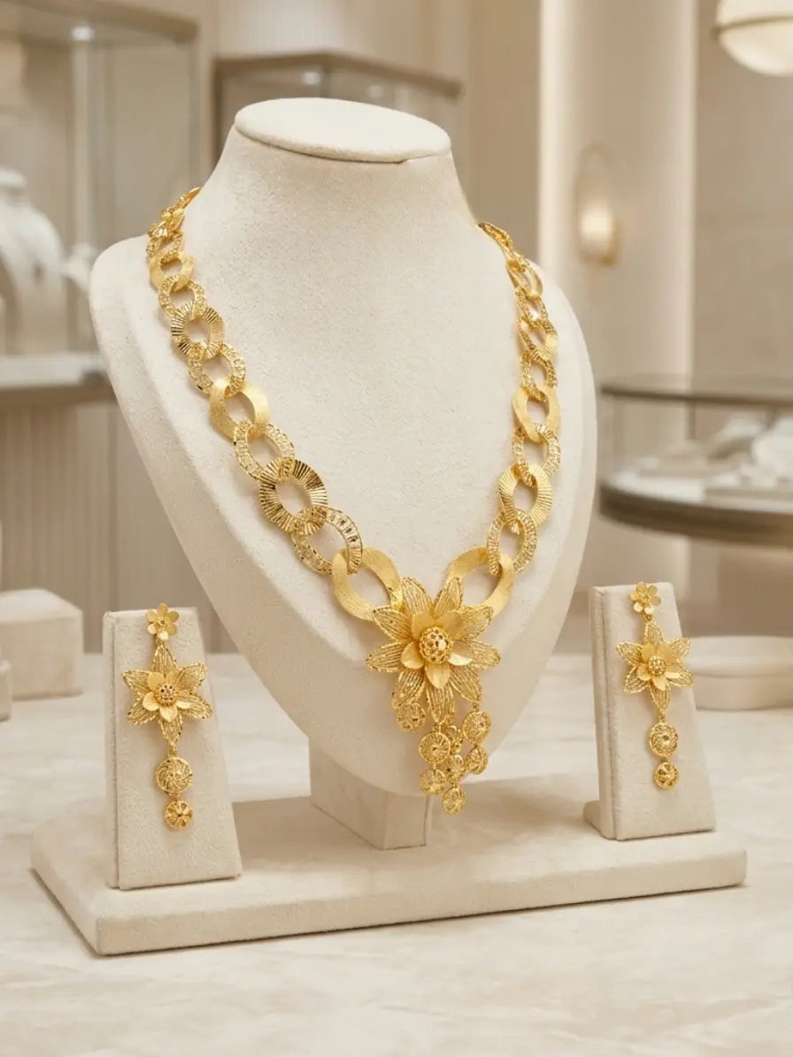Turkish Gold Golden Blossom Necklace & Earrings Set | Nidal Jewels