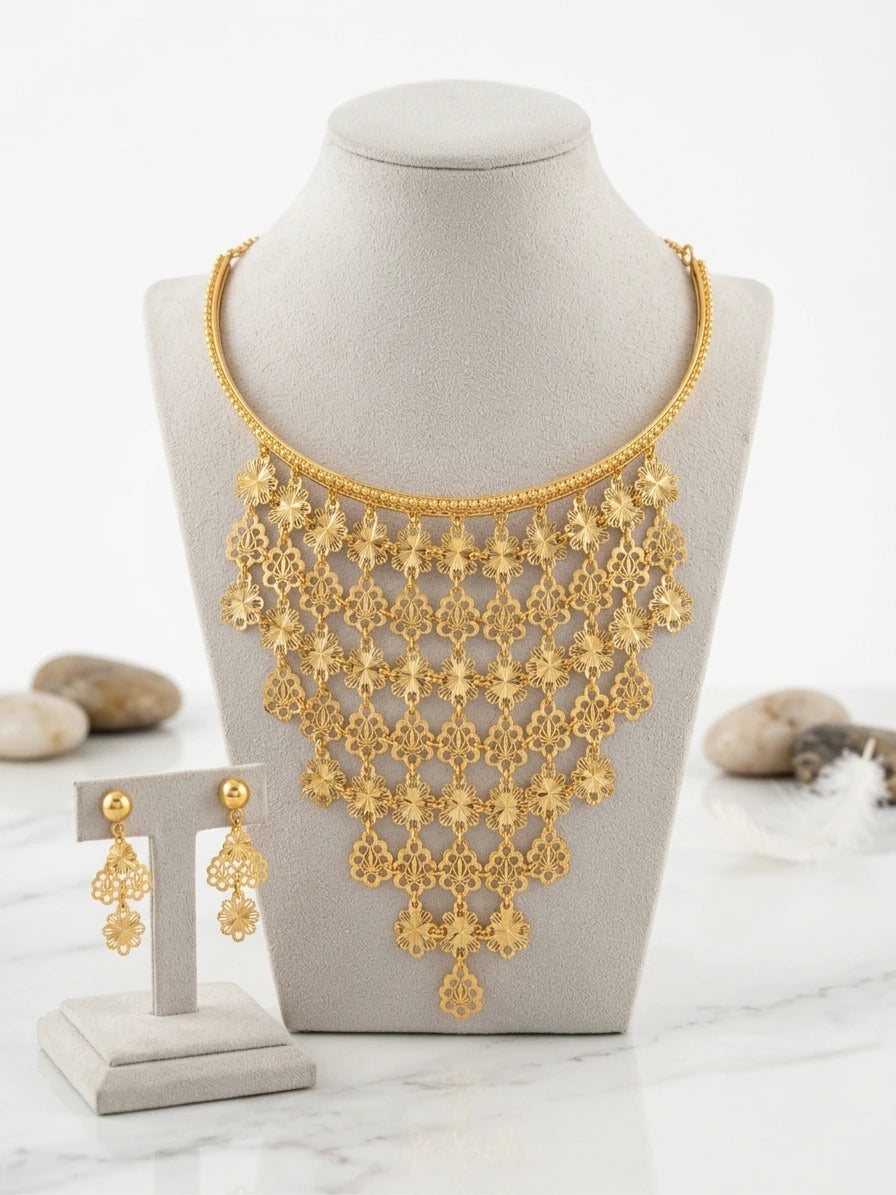 Turkish Gold Floral Filigree Statement Necklace & Earrings Set | Nidal Jewels