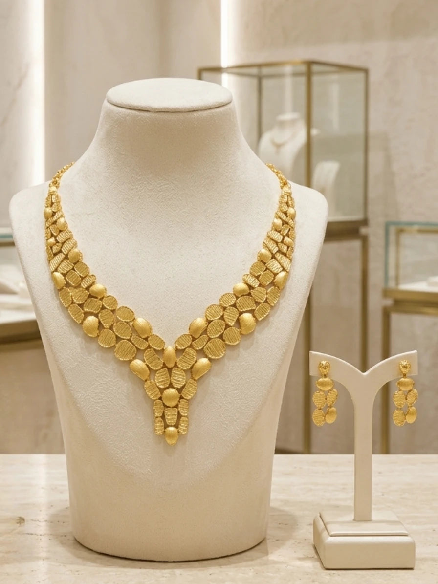 Turkish Gold Textured Layered Necklace & Earrings Set | Nidal Jewels