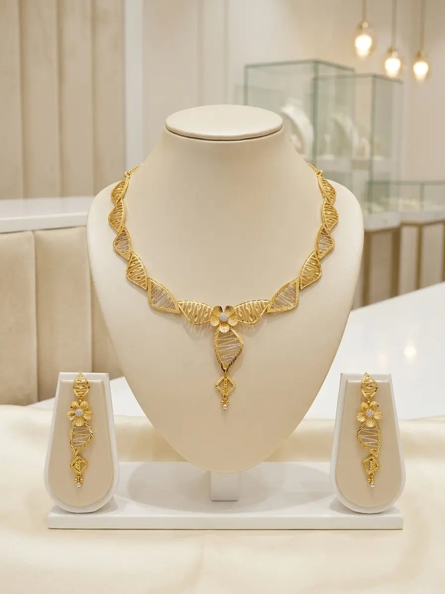 Turkish Gold Floral Leaf Pendant Necklace & Earrings Set | Nidal Jewels