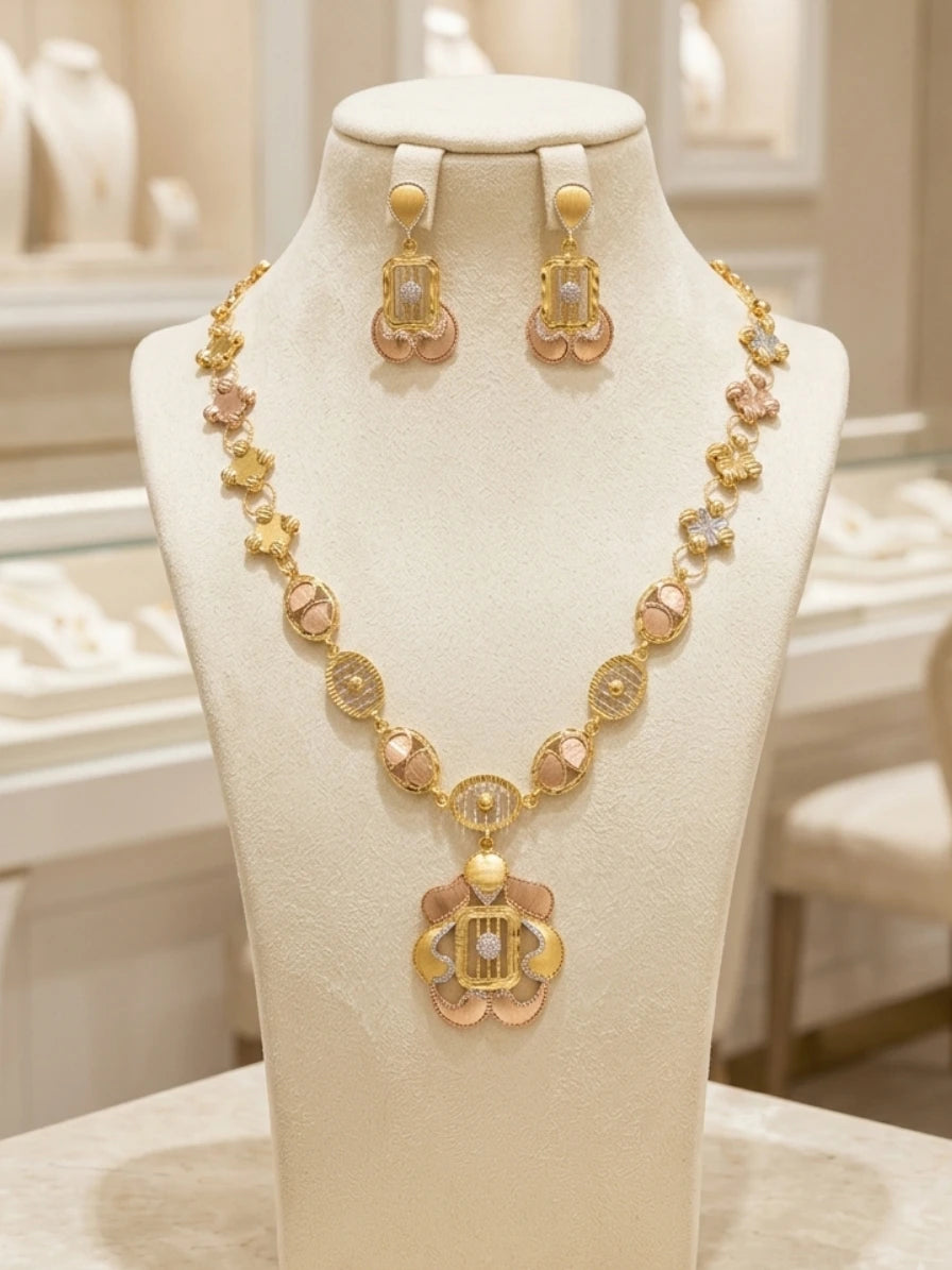 Turkish Gold Two-Tone Floral Pendant Necklace & Earrings Set | Nidal Jewels