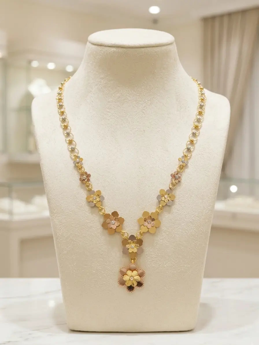 Turkish Gold Tri-Tone Floral Pendant Necklace | Nidal Jewels