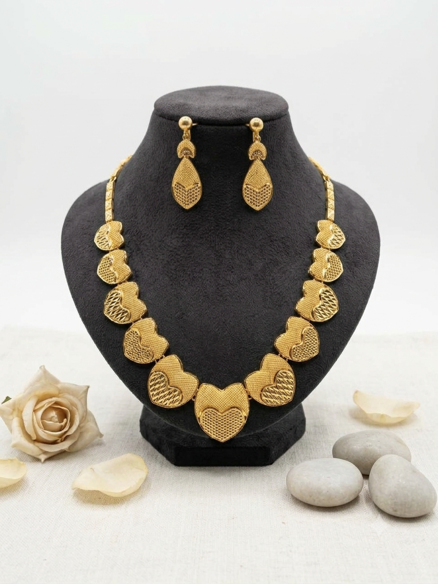 Turkish Gold Textured Heart Link Necklace & Earrings Set | Nidal Jewels