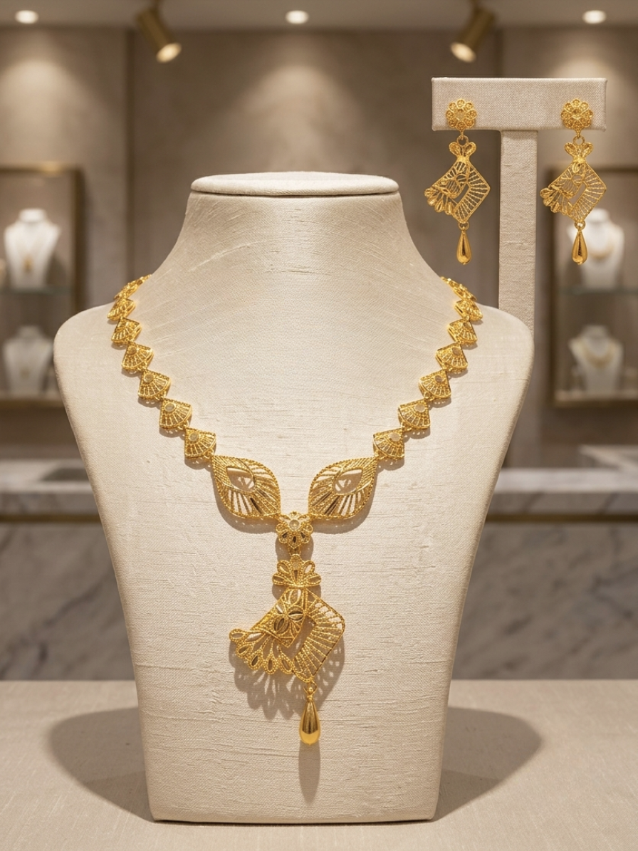 Turkish Gold Fan Motif Necklace & Earrings Set | Nidal Jewels