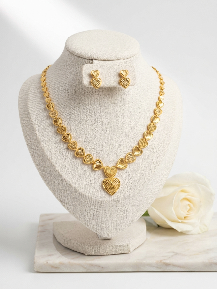 Turkish Gold Heart Motif Necklace & Earrings Set | Nidal Jewels