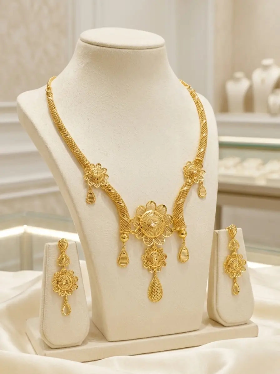 Turkish Gold Floral Drop Necklace & Earrings Set | Nidal Jewels
