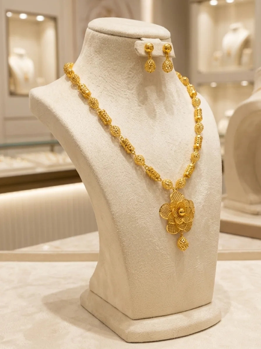 Turkish Gold Floral Pendant Necklace & Earrings Set | Nidal Jewels